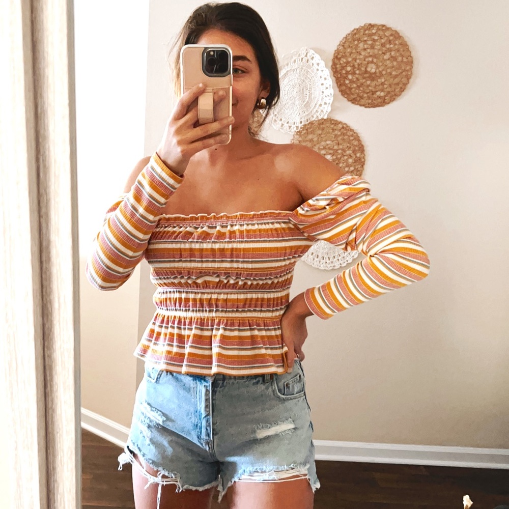 (lane 201 boutique) yellow & pink striped smocked long sleeve peplum hem top